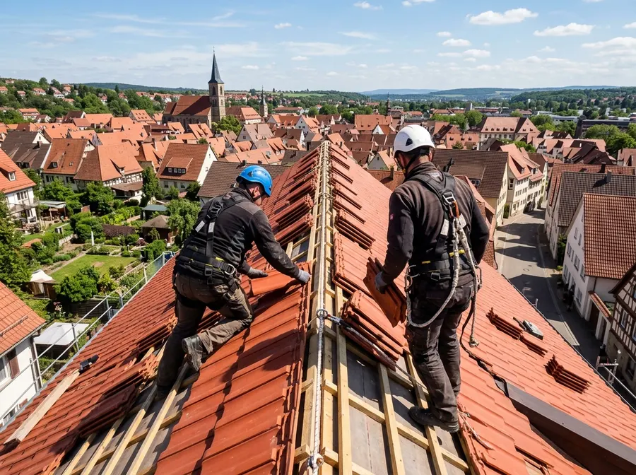 Dachdecker beim Eindecken eines Ziegeldachs