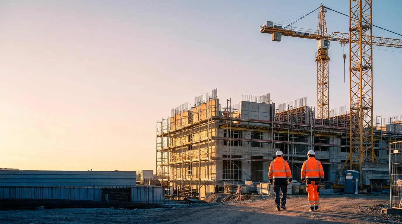 Baustelle mit Kran im Morgenlicht
