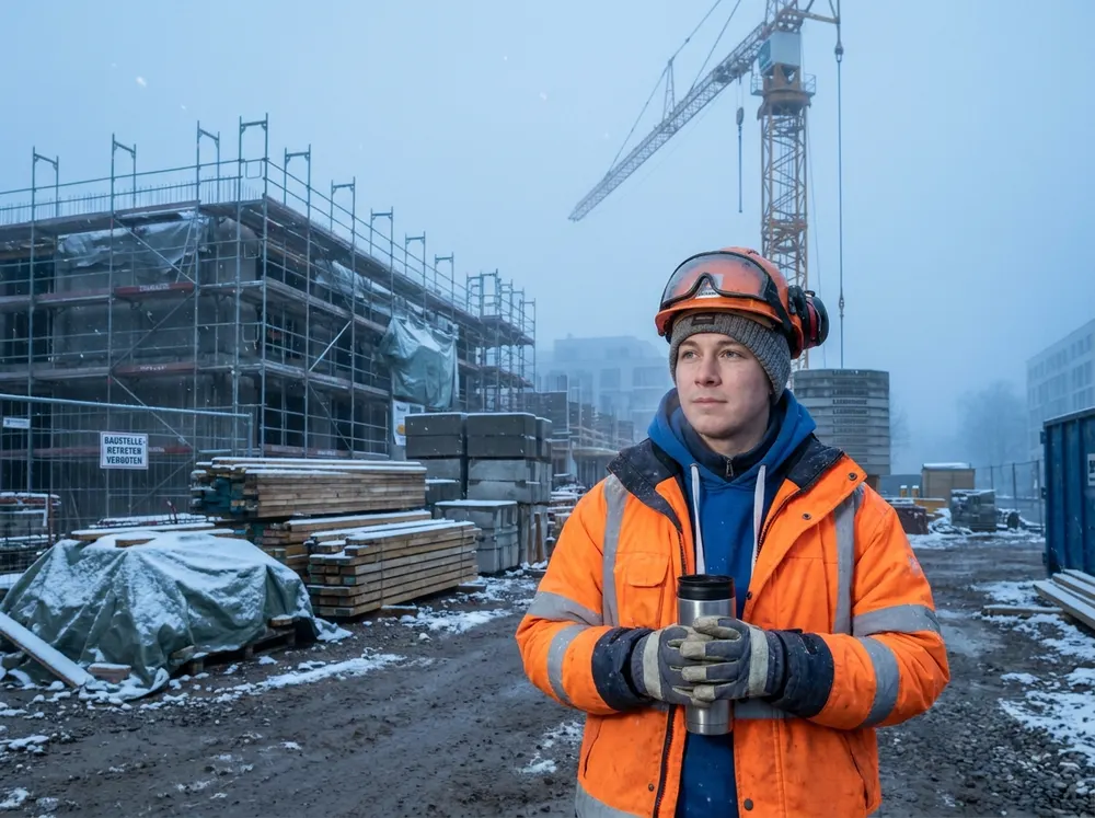 Baustelle im Winter mit Schnee auf dem Gerüst