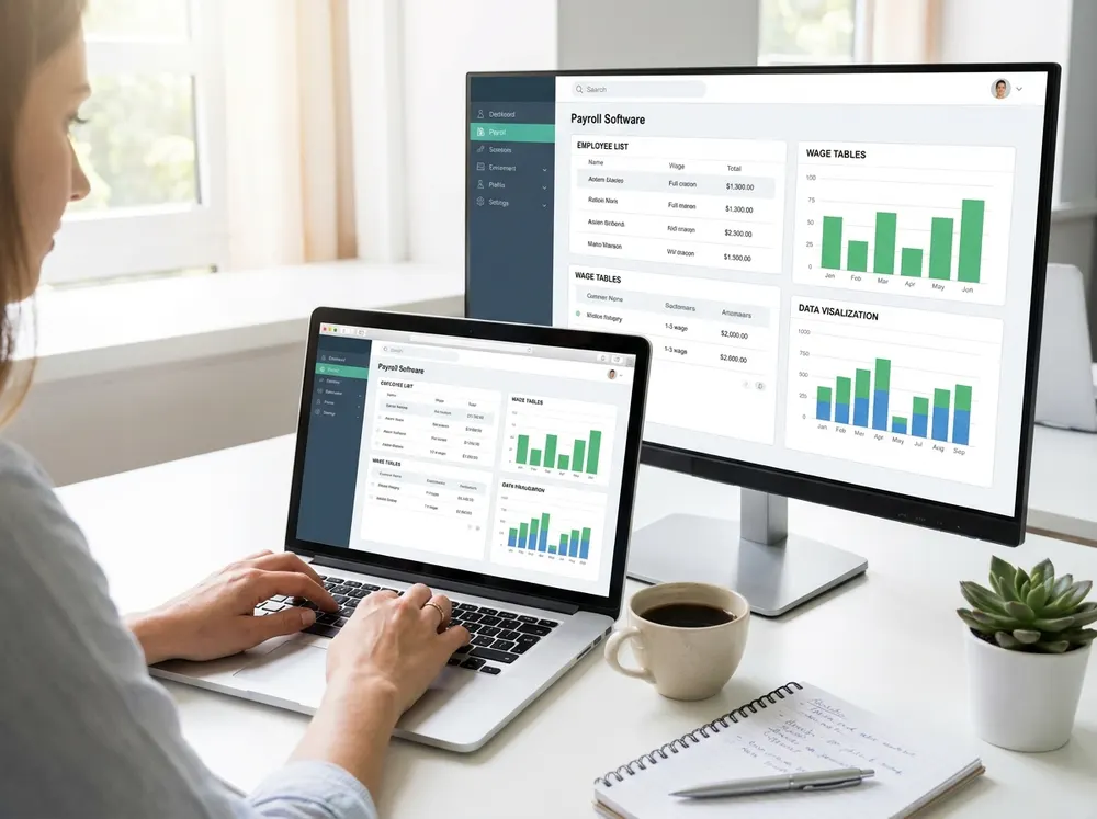 Lohnabrechnungssoftware auf Monitor und Laptop